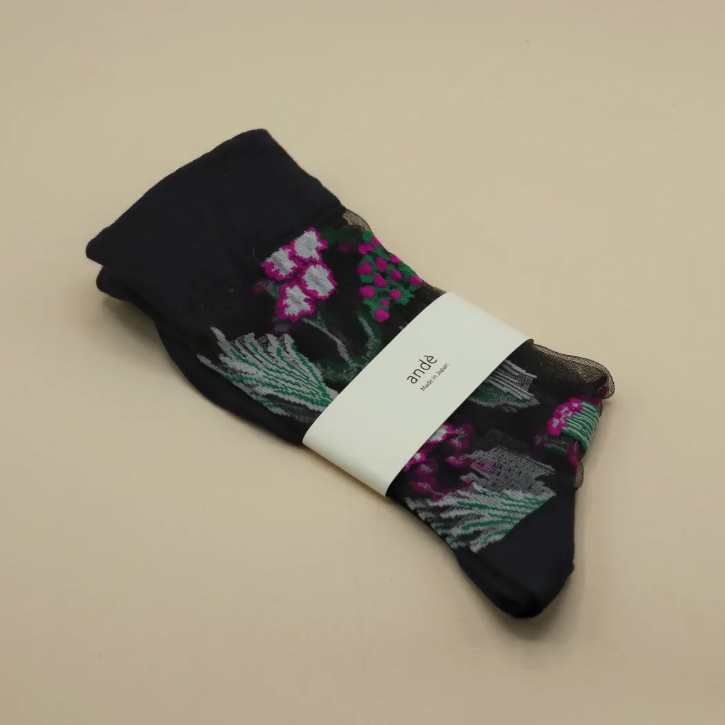 andè strømper - Sort med pink blomster